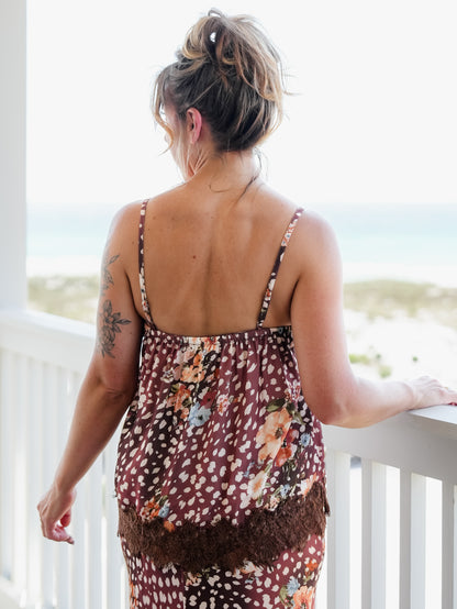 Animal Print Lace Hem Sleeveless Cami Top