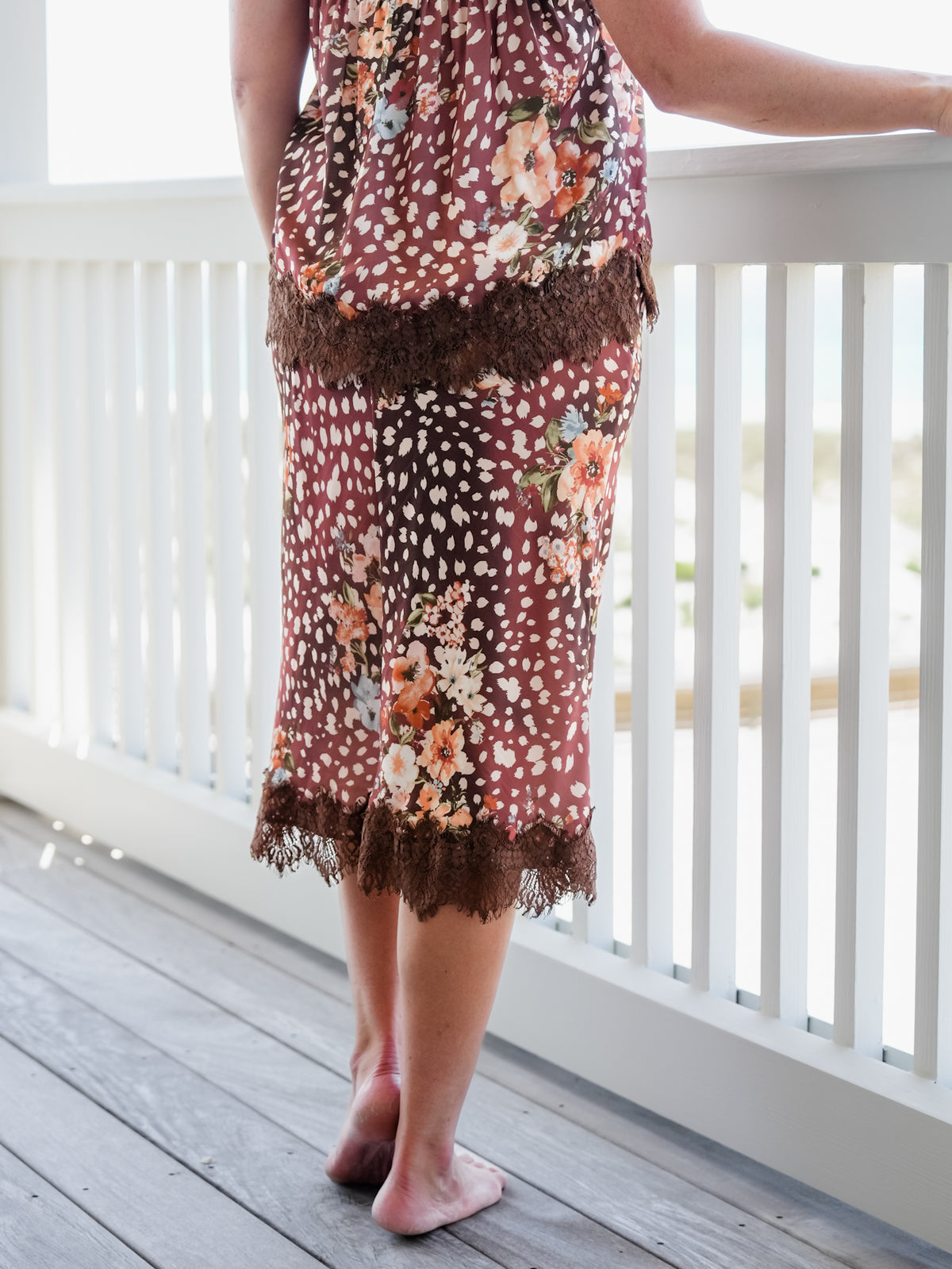 Animal Print Satin Midi Skirt With Lace Scallop Hem