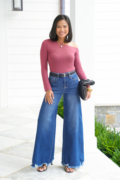 Solid Long Sleeve One Shoulder Top