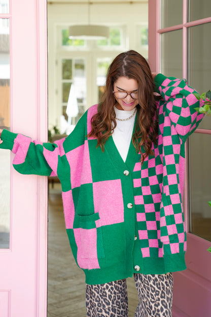 Checkered Long Sleeve Button Down Cardigan