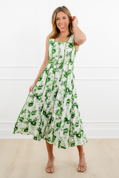 Floral Print Sleeveless Pleated Midi Dress