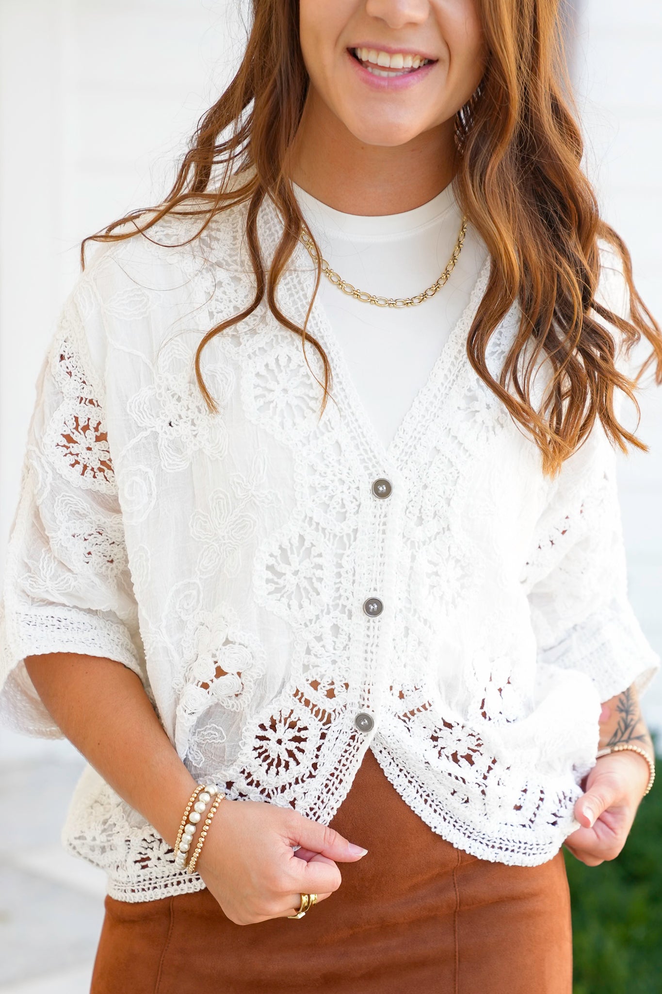 POL Crochet Dolman Sleeve Button Down Cardigan