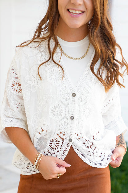 POL Crochet Dolman Sleeve Button Down Cardigan