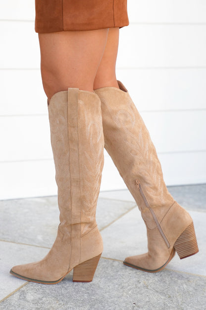 Western Embroidered Knee High Boot with Stacked Block Heel