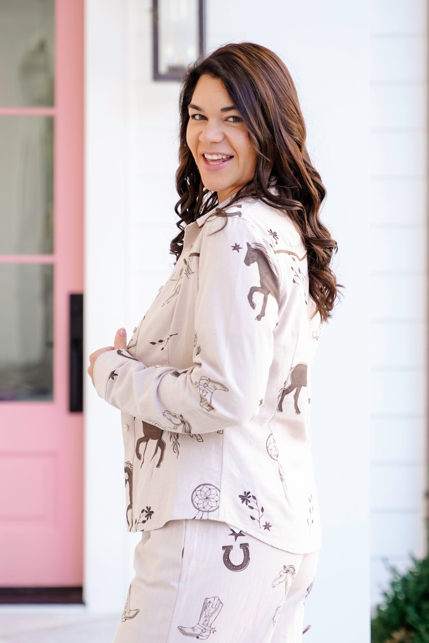 Western Print Long Sleeve Button Down Top
