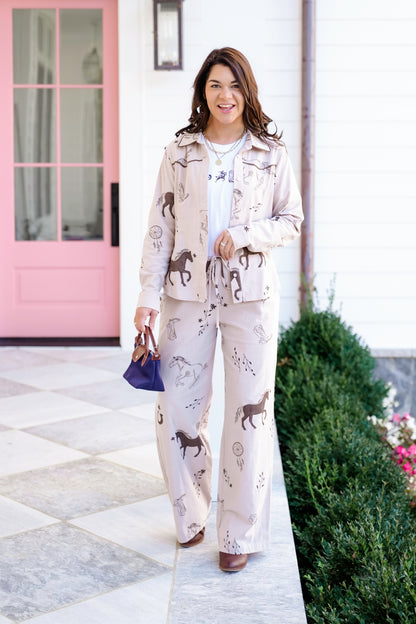 Western Print Drawstring Waist Pants