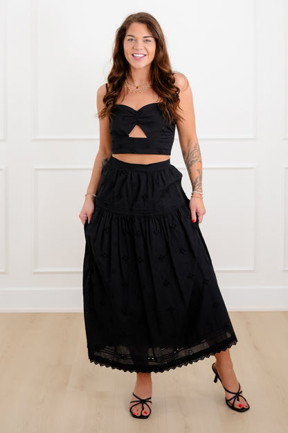 Black Eyelet Elastic Waist Midi Skirt