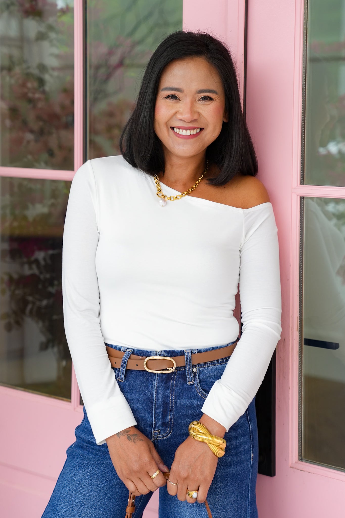 Solid Long Sleeve One Shoulder Top