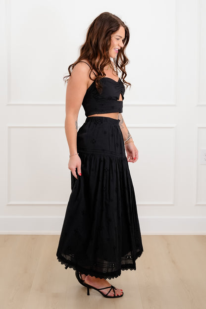 Black Eyelet Elastic Waist Midi Skirt