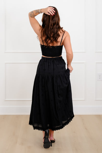 Black Eyelet Elastic Waist Midi Skirt