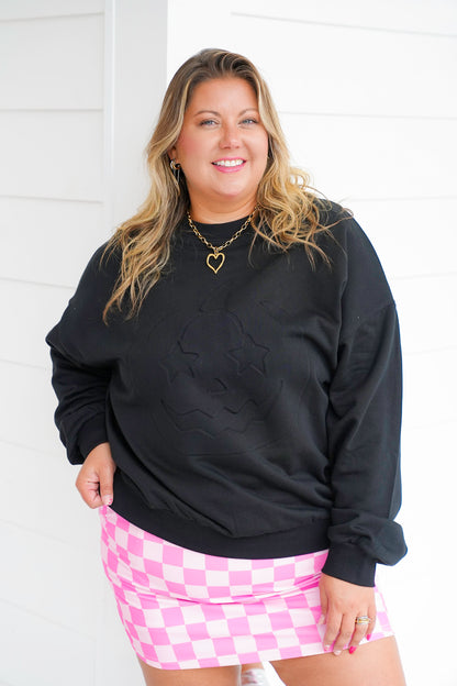 Plus/Reg Black Long Sleeve Pumpkin Embroidered Graphic Sweatshirt