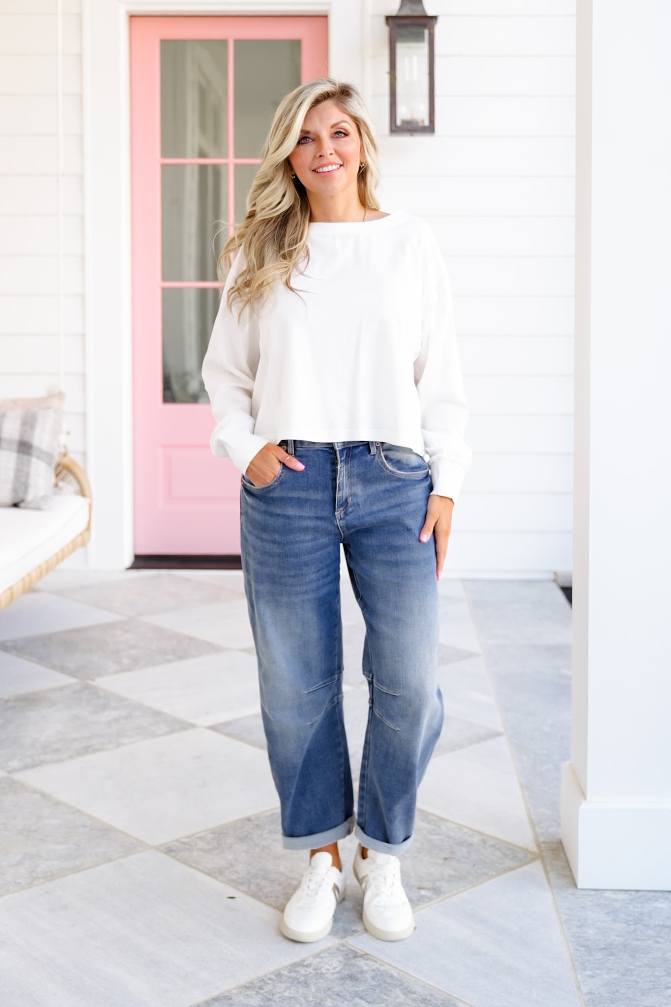 Plus/Reg White Long Sleeve Cropped Top