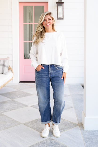 Plus/Reg White Long Sleeve Cropped Top