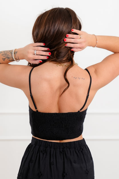 Black Eyelet Cropped Top with Cut Out Detail