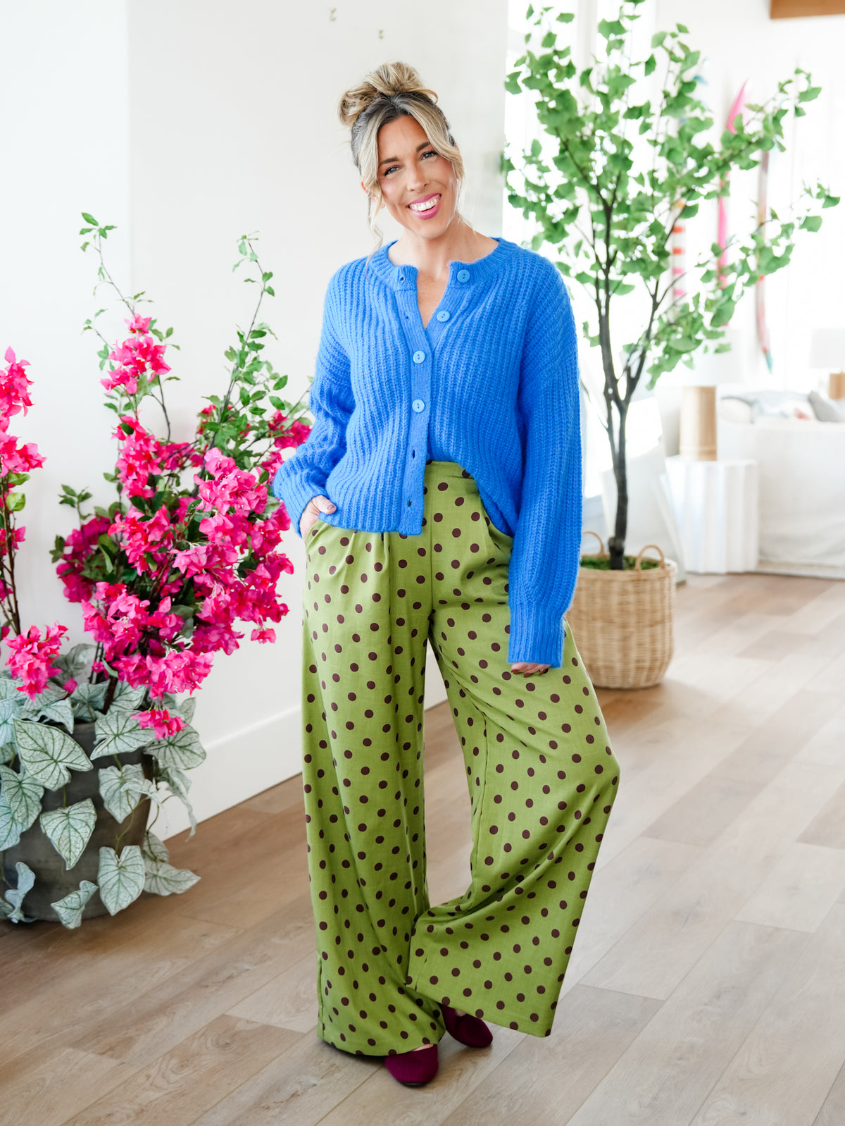 Polka Dot Pleated Elastic Waist Wide Leg Pants