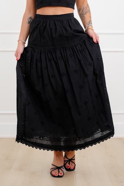 Black Eyelet Elastic Waist Midi Skirt
