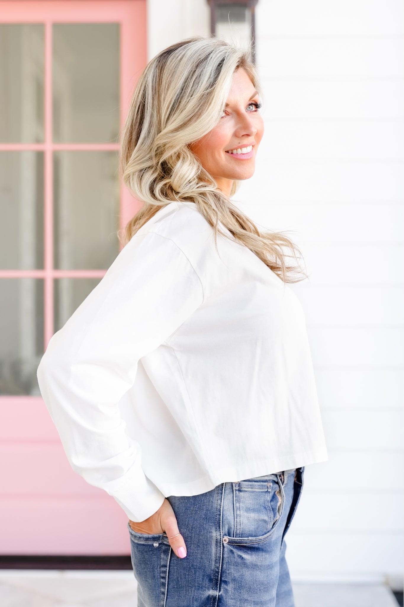 Plus/Reg White Long Sleeve Cropped Top