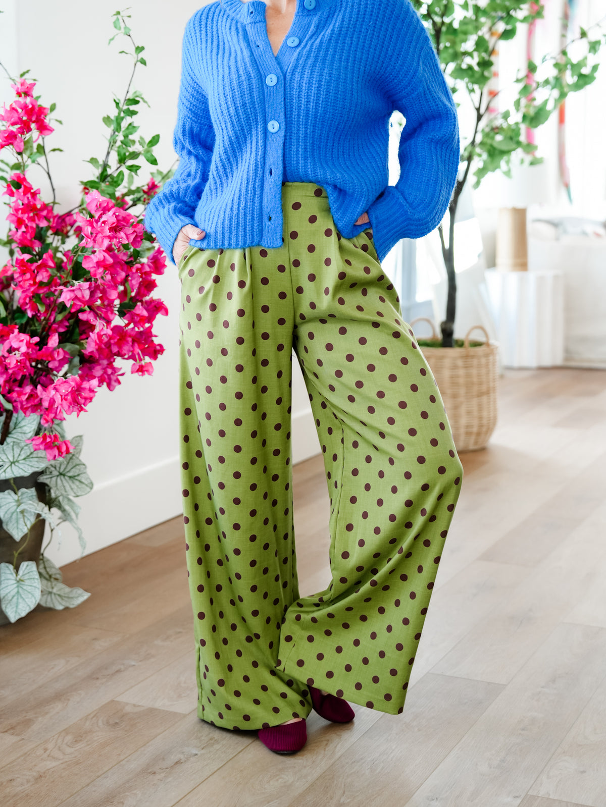 Polka Dot Pleated Elastic Waist Wide Leg Pants