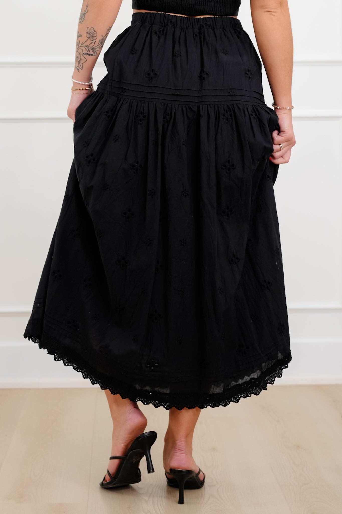 Black Eyelet Elastic Waist Midi Skirt
