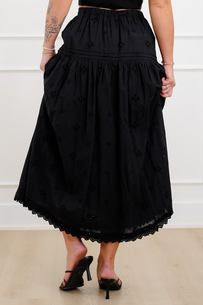 Black Eyelet Elastic Waist Midi Skirt