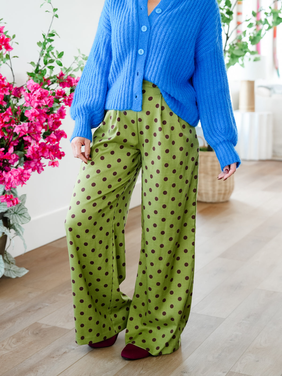 Polka Dot Pleated Elastic Waist Wide Leg Pants