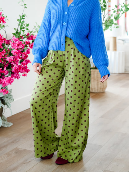 Polka Dot Pleated Elastic Waist Wide Leg Pants