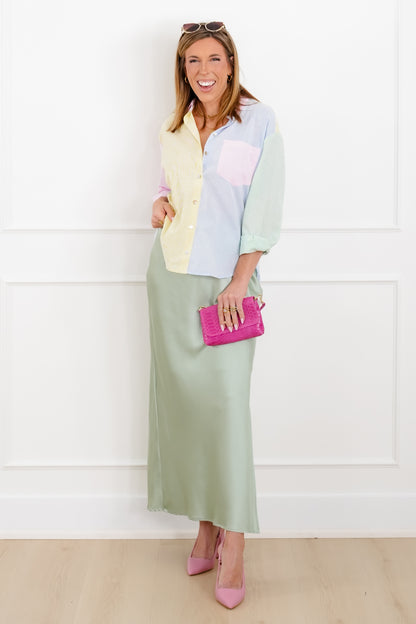 Color Block PinStripe Long Sleeve Button Down Top