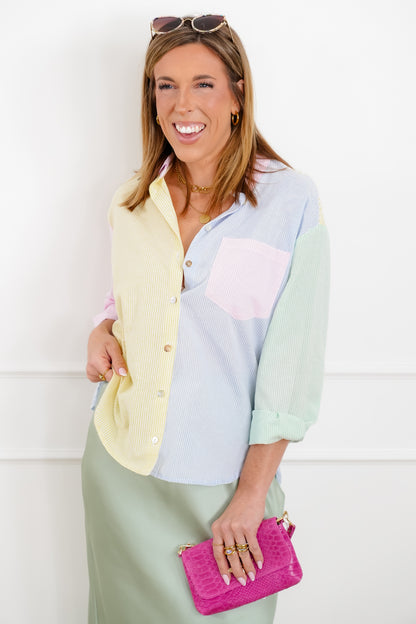 Color Block PinStripe Long Sleeve Button Down Top