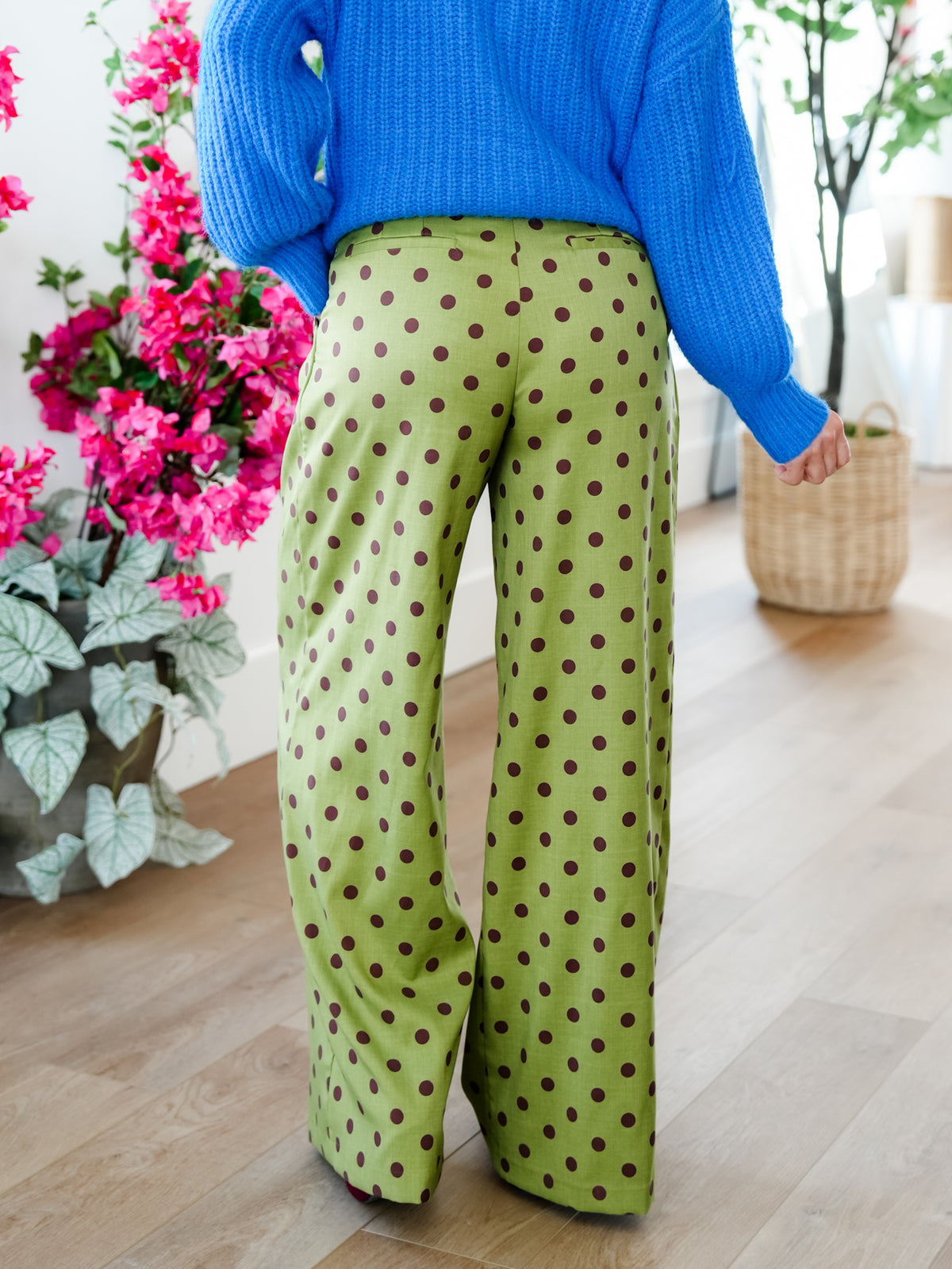 Polka Dot Pleated Elastic Waist Wide Leg Pants