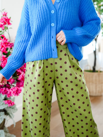 Polka Dot Pleated Elastic Waist Wide Leg Pants