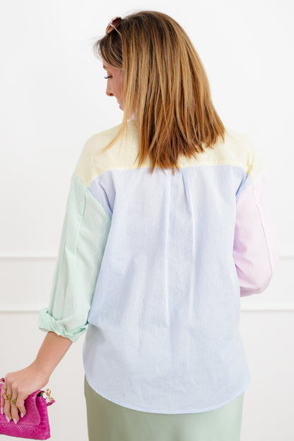 Color Block PinStripe Long Sleeve Button Down Top