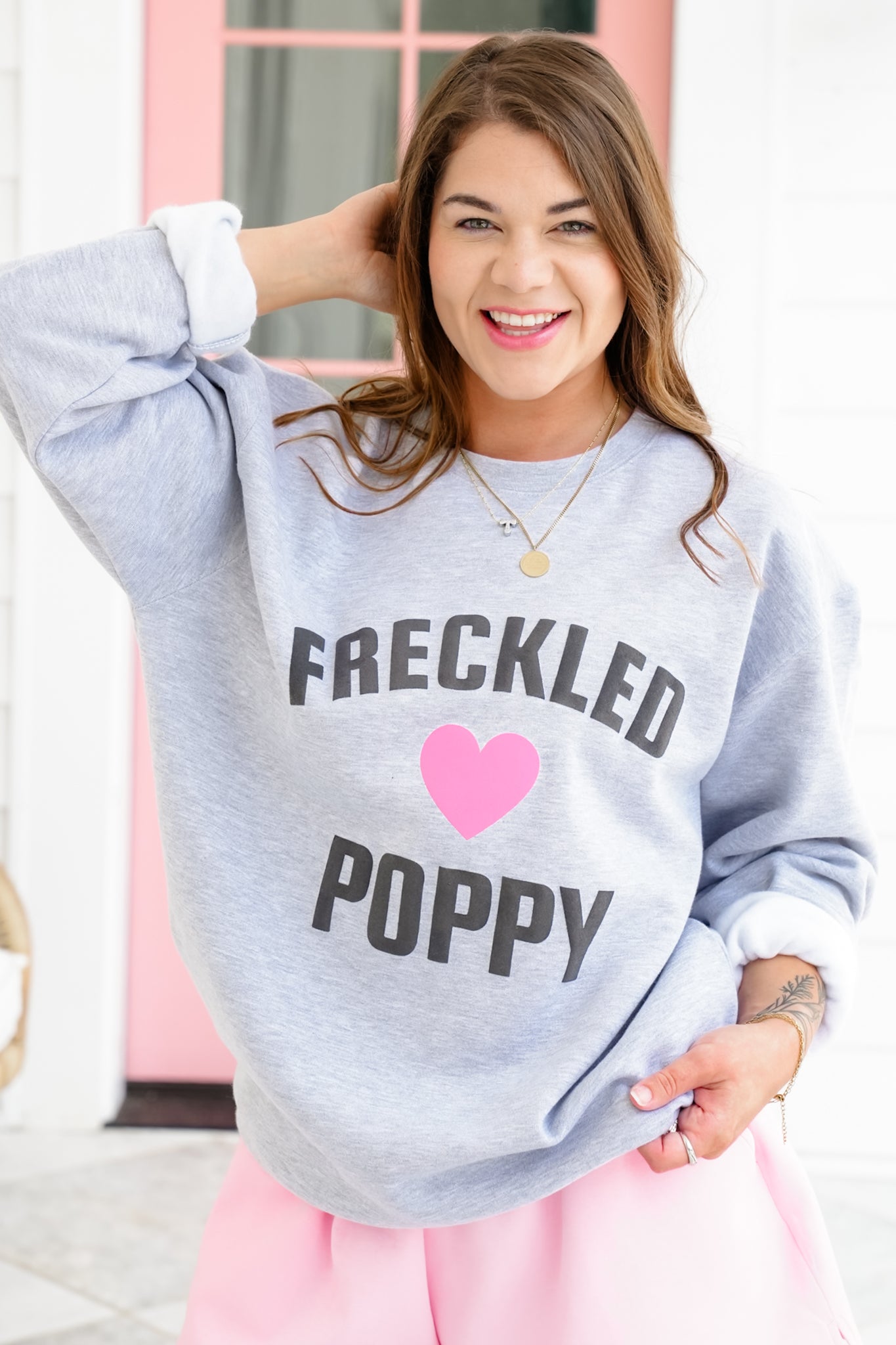 Plus/Reg Long Sleeve "Freckled Poppy" Heart Graphic Sweatshirt