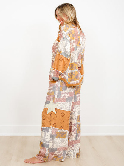 Plus/Reg Floral Patch With Eyelet Lace Panel Pullover and Sweatpants Set - Freckled Poppy