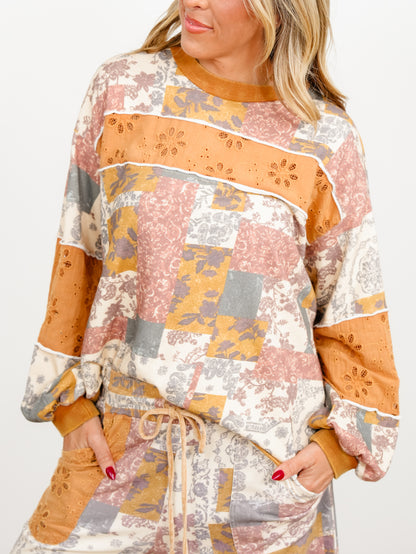 Plus/Reg Floral Patch With Eyelet Lace Panel Pullover and Sweatpants Set - Freckled Poppy