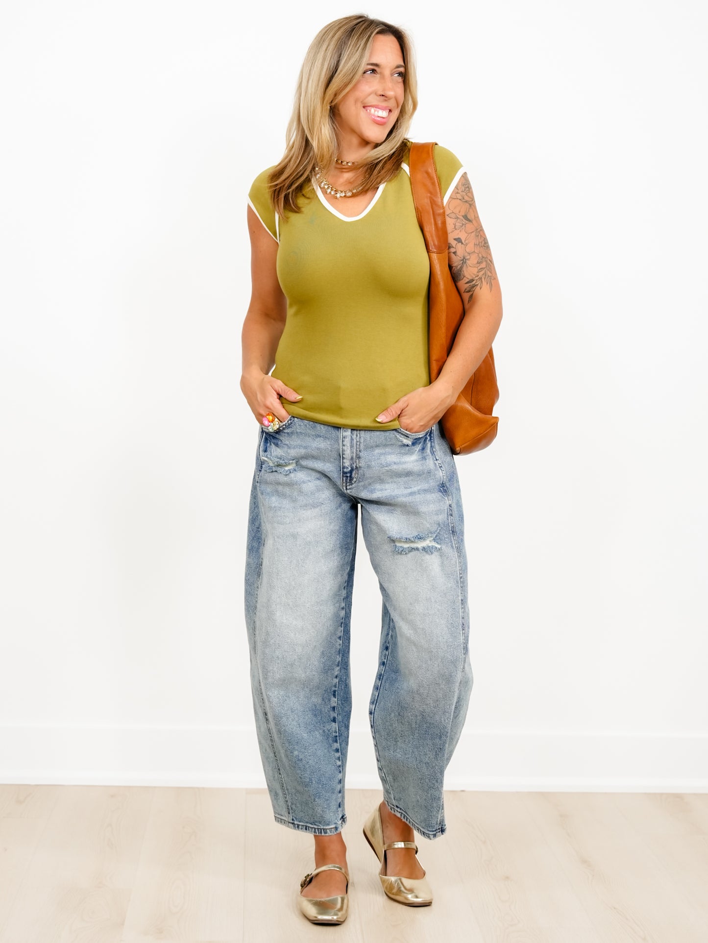 Short Sleeve V-Neck Top with Contrast Trim - Freckled Poppy