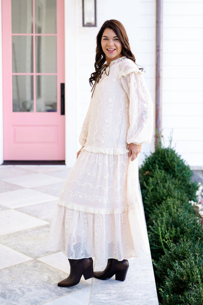 Lace Long Sleeve Lace Up Ruffle Maxi Dress
