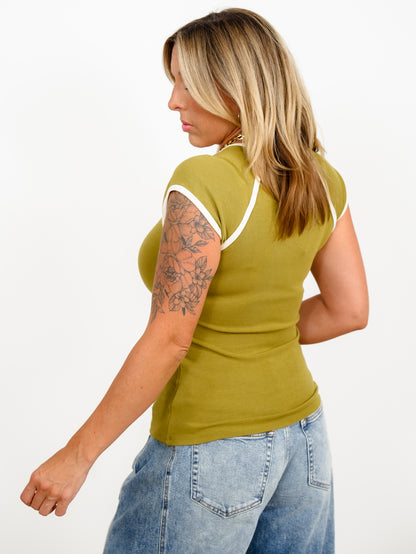 Short Sleeve V-Neck Top with Contrast Trim - Freckled Poppy
