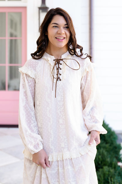 Lace Long Sleeve Lace Up Ruffle Maxi Dress