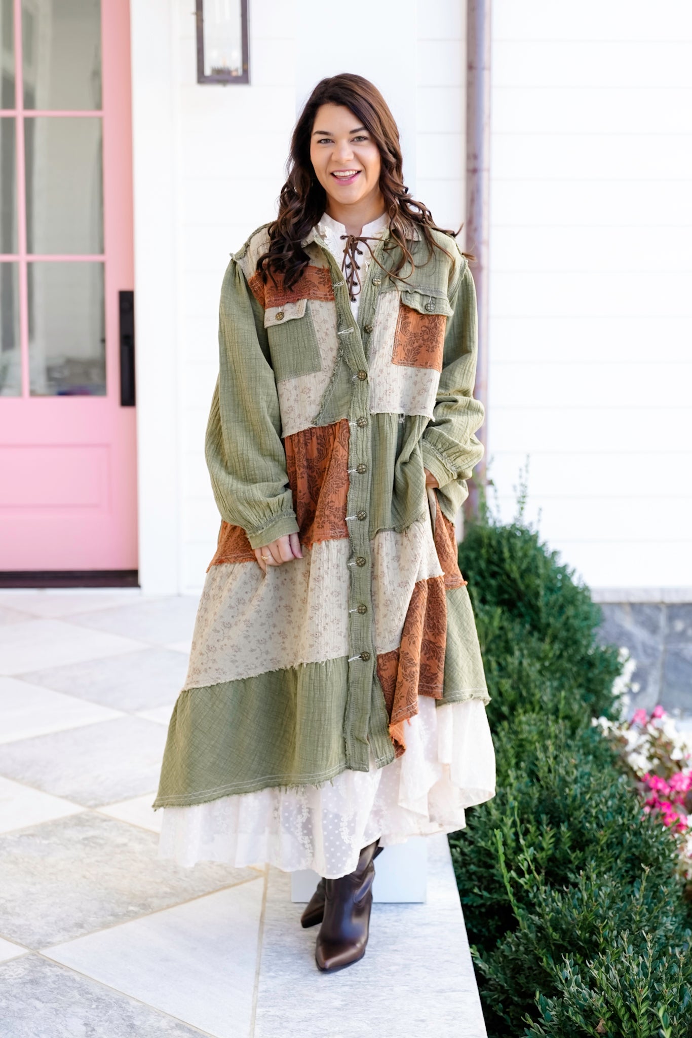 POL Olive Long Sleeve Button Down Knee Length Shacket