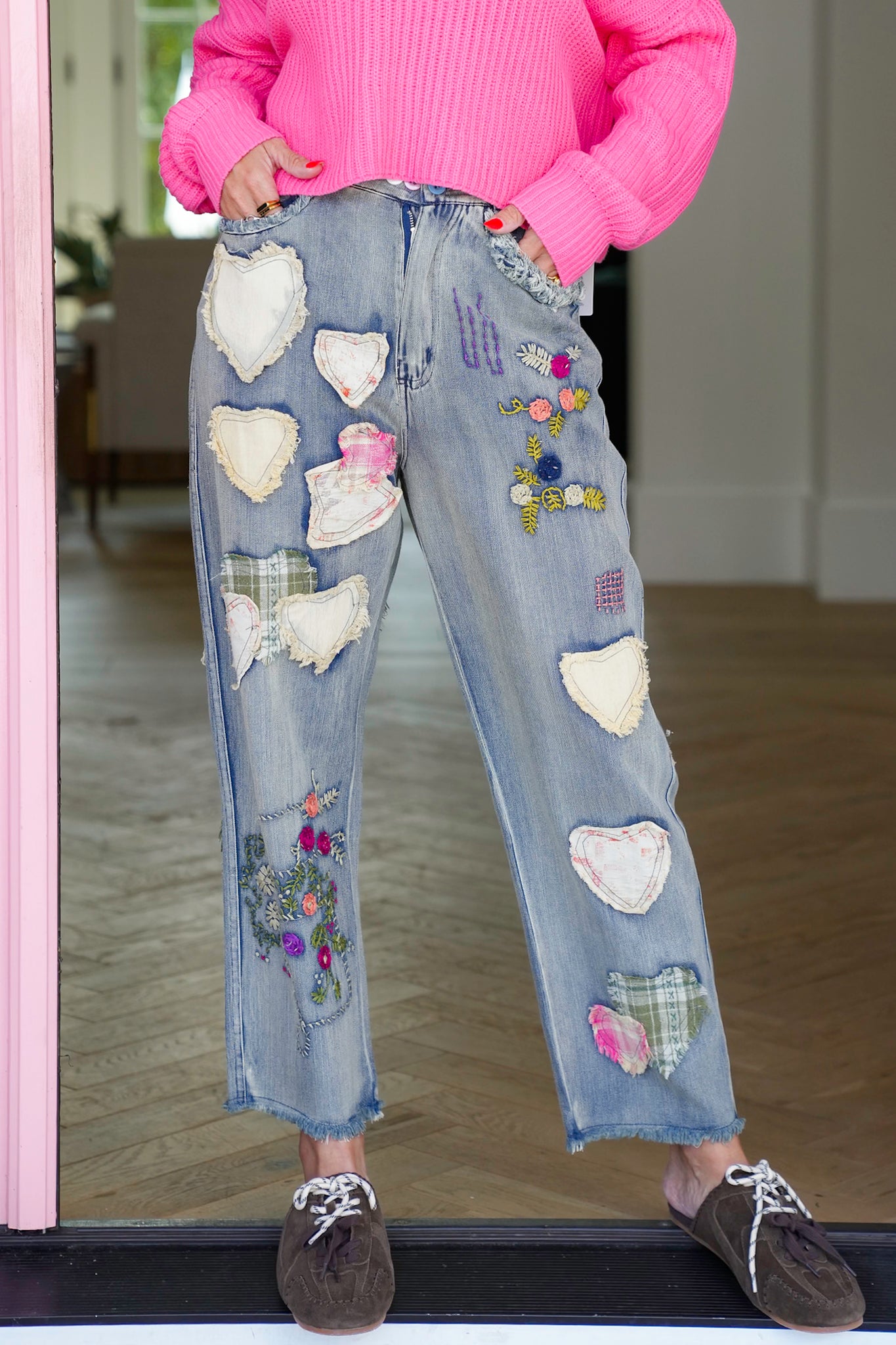 Denim Relaxed Fit Jeans with Embroidered Patchwork Detail