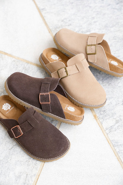 Yellow Box Vegan Suede Slip On Clog with Buckle Strap