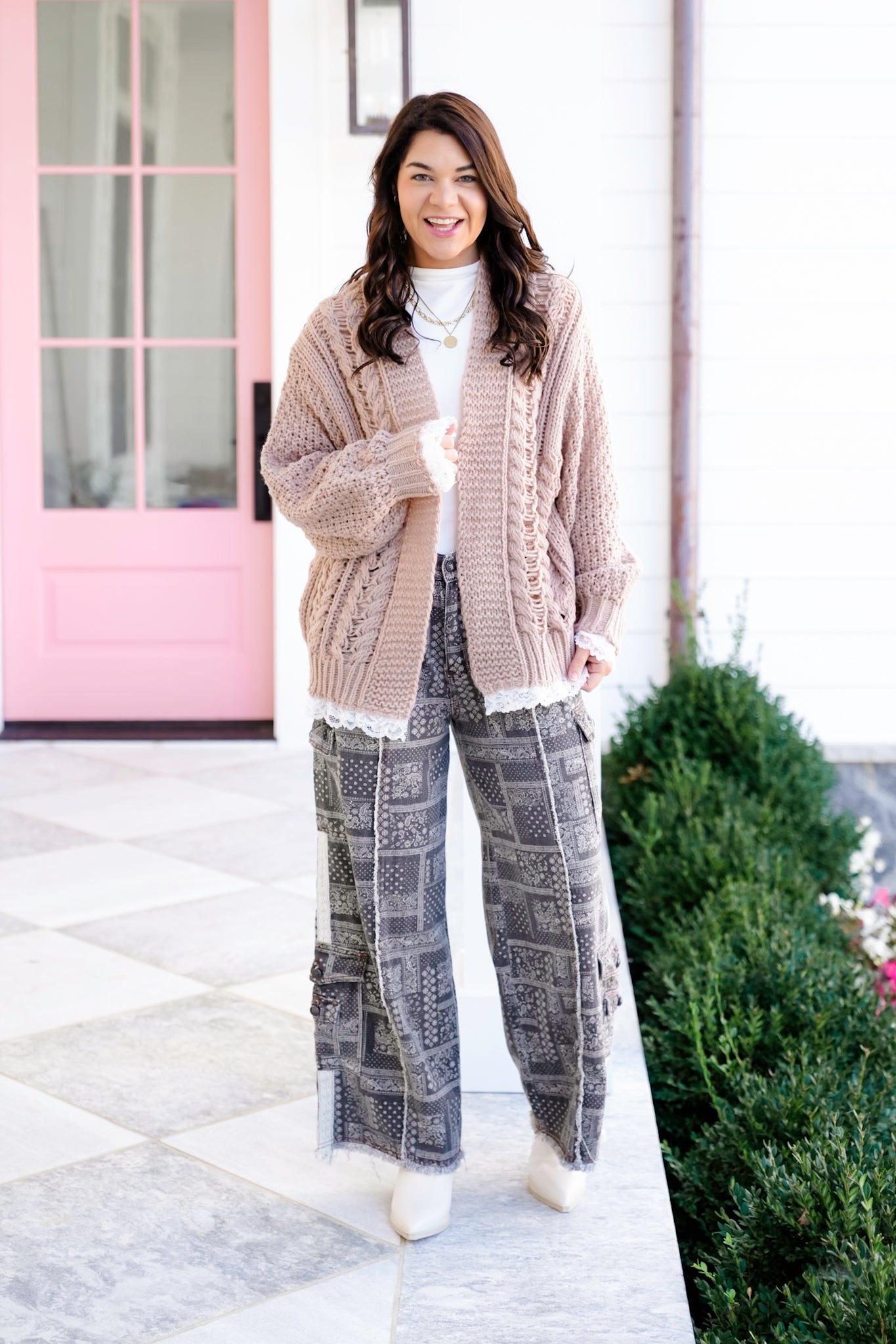 POL Beige Long Sleeve Open Cardigan with Lace Trim