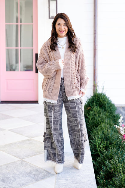 POL Beige Long Sleeve Open Cardigan with Lace Trim