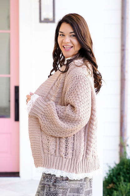 POL Beige Long Sleeve Open Cardigan with Lace Trim