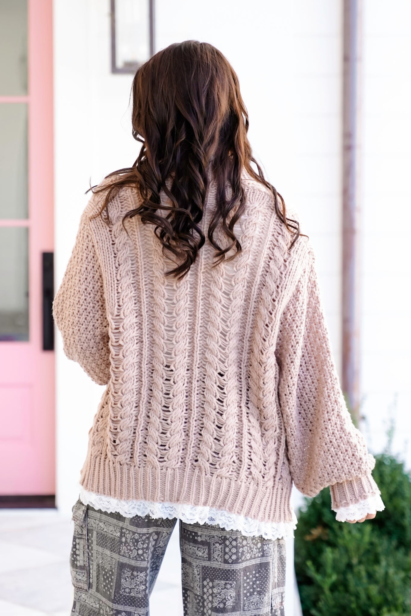 POL Beige Long Sleeve Open Cardigan with Lace Trim