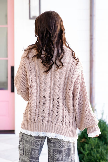 POL Beige Long Sleeve Open Cardigan with Lace Trim