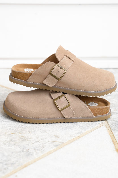 Yellow Box Vegan Suede Slip On Clog with Buckle Strap