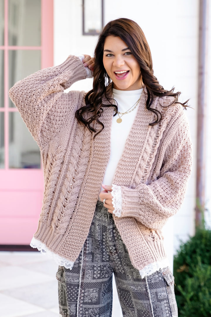 POL Beige Long Sleeve Open Cardigan with Lace Trim