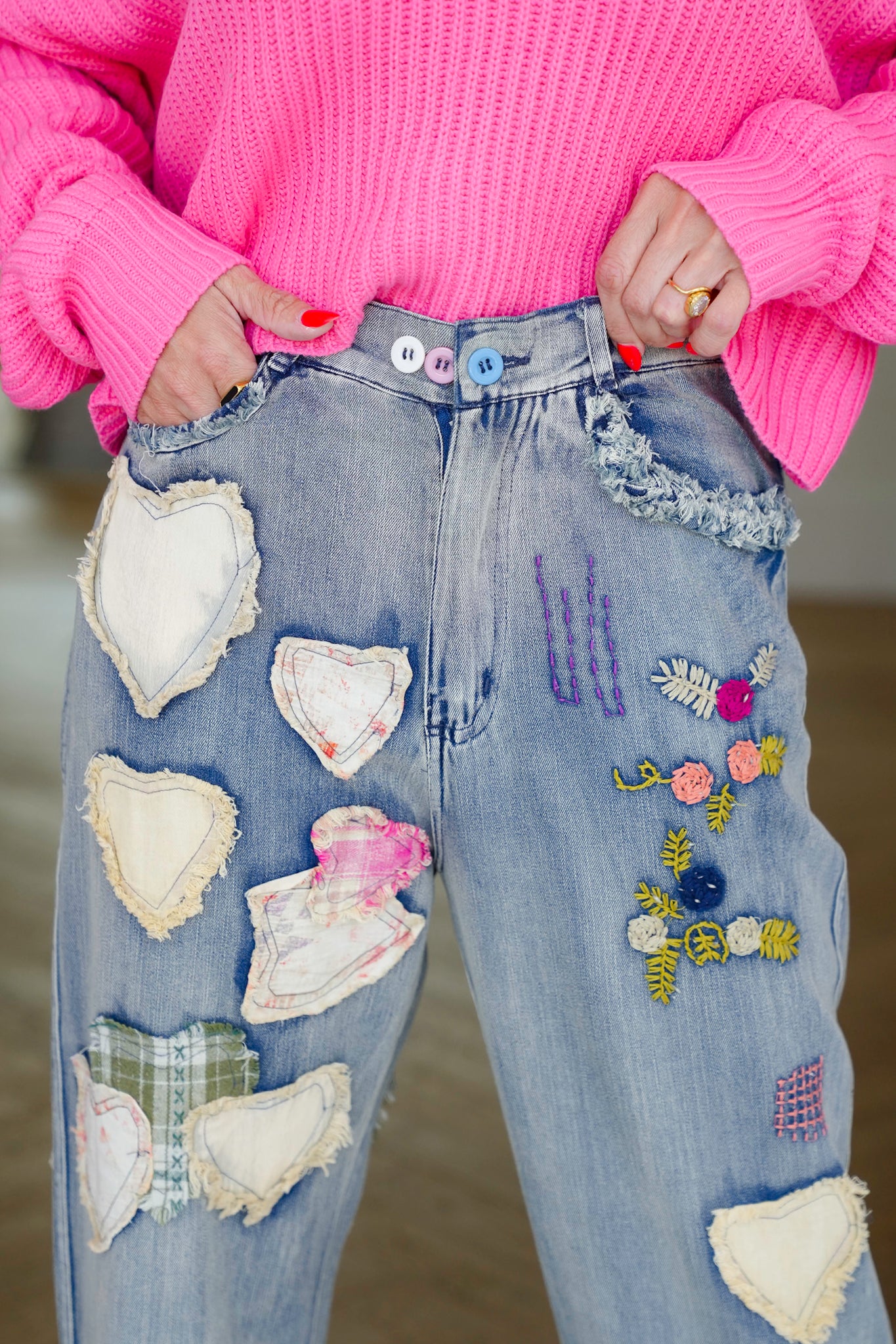 Denim Relaxed Fit Jeans with Embroidered Patchwork Detail