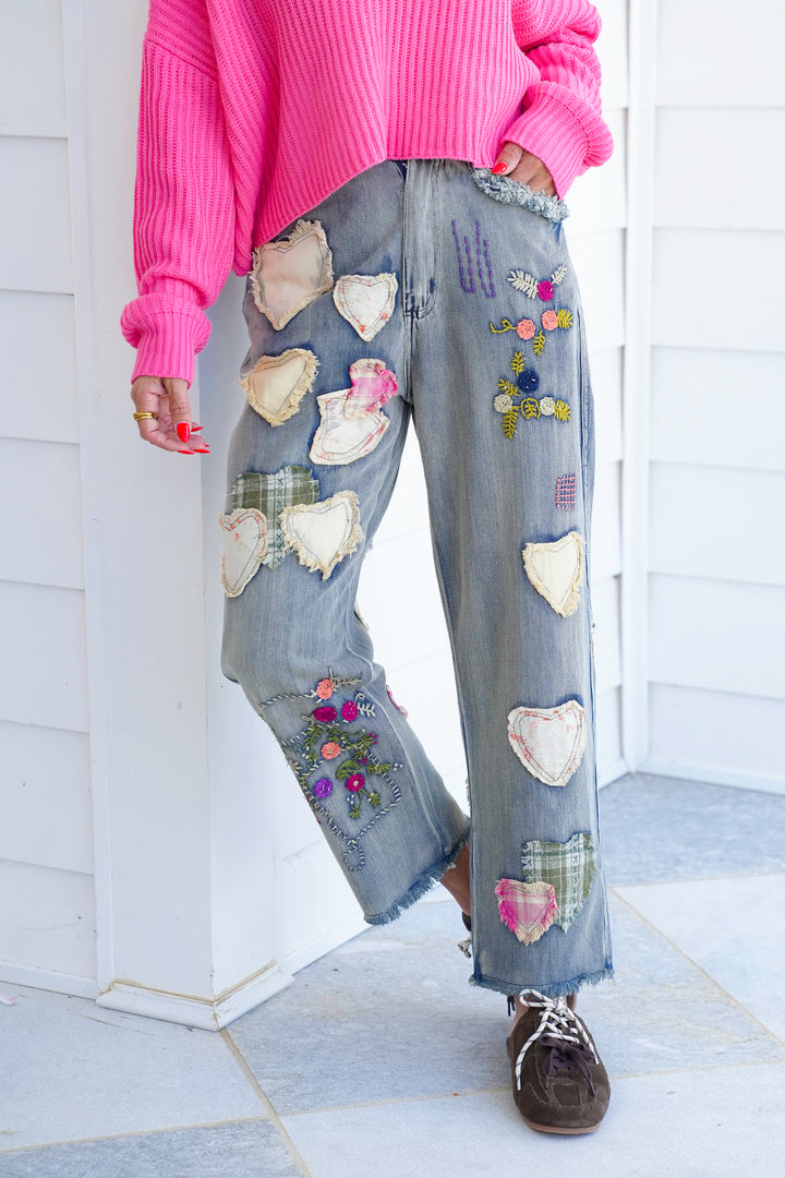 Denim Relaxed Fit Jeans with Embroidered Patchwork Detail